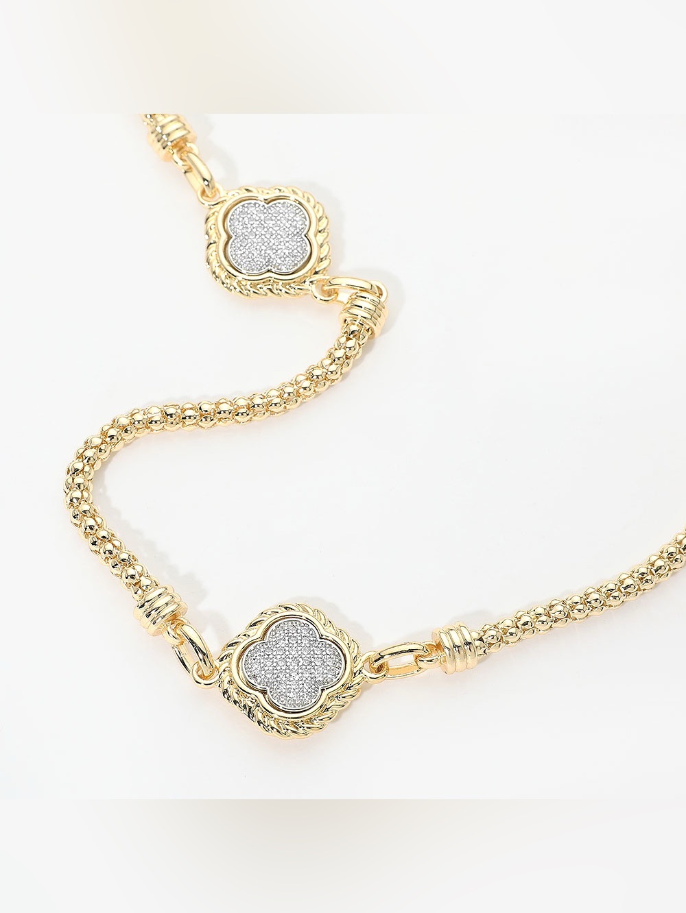 14K Gold Plated CZ Pave Quatrefoil Charm Station Long Necklace